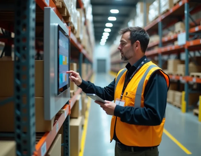 Agent de tri La Poste consultant l'espace habillement sur une tablette murale dans un entrepôt logistique