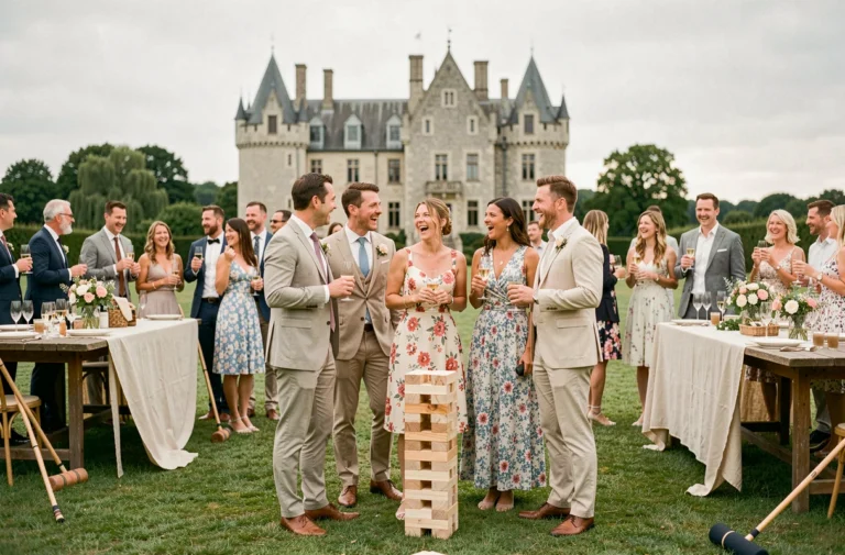 Invités d'un mariage jouant à des jeux de société géants en plein air dans le parc d'un château, ambiance festive et conviviale