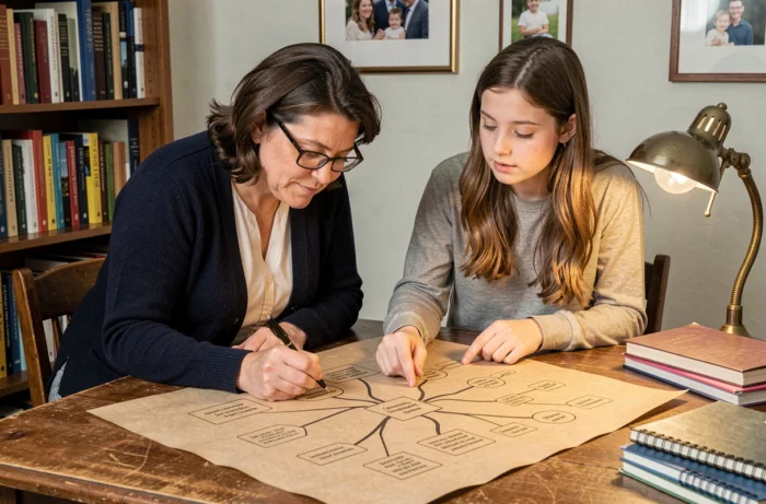 Femme et adolescente étudiant un arbre généalogique dessiné sur papier kraft dans un bureau familial, illustrant la recherche des liens de parenté entre cousins et leurs descendants