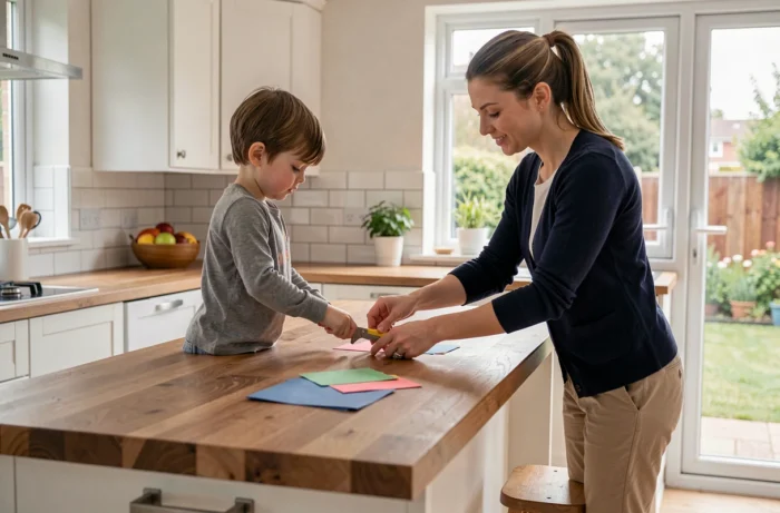 Baby-sitter professionnelle aidant une fillette à réaliser un bricolage dans une cuisine moderne et lumineuse