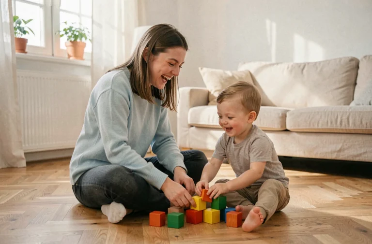 Jeune baby-sitter souriante jouant avec un enfant en bas âge sur le parquet d'un salon lumineux à Aix-en-Provence