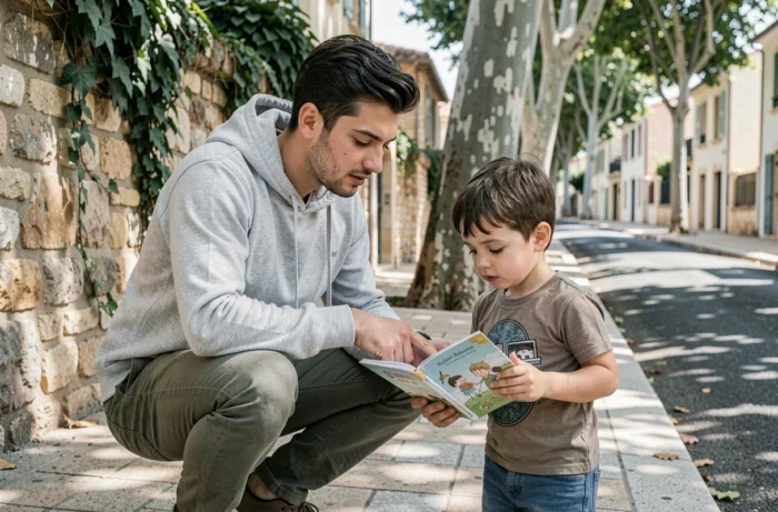 Baby-sitter masculin lisant un livre illustré avec un jeune enfant sur un trottoir d'un quartier résidentiel d'Aix-en-Provence