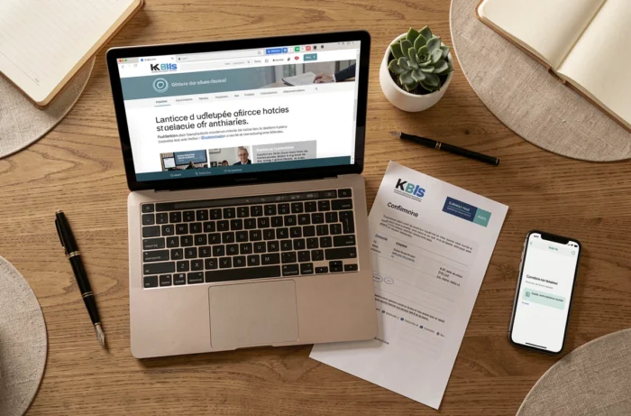 Vue aérienne d'un bureau avec annonce légale en ligne et documents officiels d'entreprise