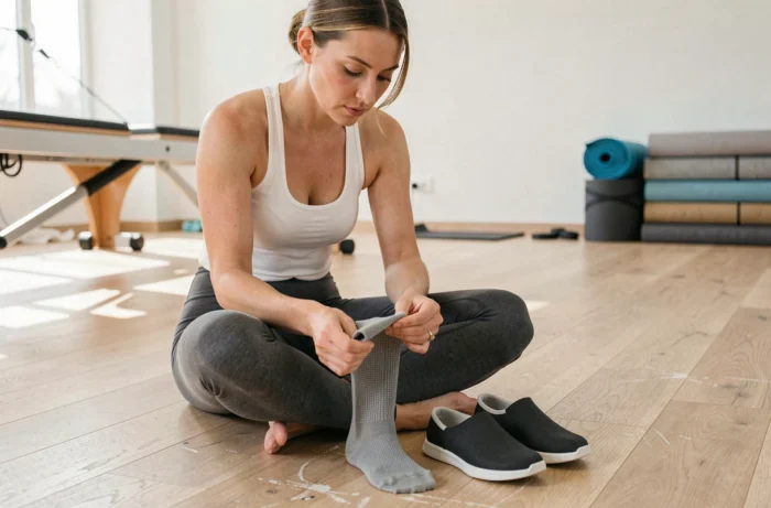 Femme assise dans un studio de Pilates comparant des chaussettes antidérapantes et une chaussure de Pilates flexible sur un parquet en bois clair