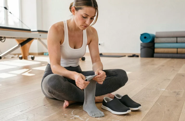 Femme assise dans un studio de Pilates comparant des chaussettes antidérapantes et une chaussure de Pilates flexible sur un parquet en bois clair
