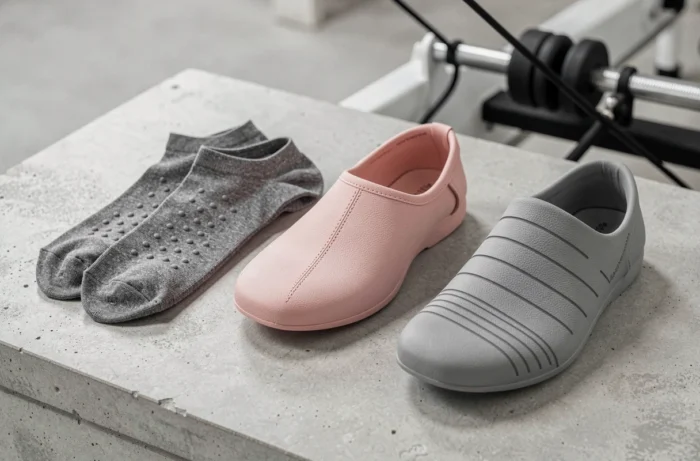 Comparaison de trois types de chaussures et chaussettes de Pilates disposées sur une surface en béton clair dans un studio de bien-être