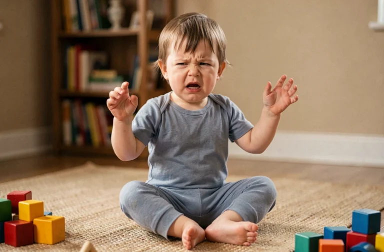 Tout-petit de 2 ans en pleine crise émotionnelle assis sur un parquet en bois dans un salon chaleureux