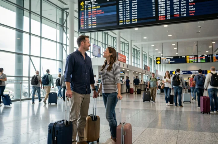 Couple en partance pour un voyage à l'aéroport avec leurs valises, illustration du financement d'un voyage en plusieurs fois