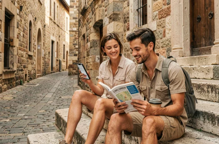 Couple de voyageurs consultant une application de carte et un guide touristique assis sur des marches historiques en pierre