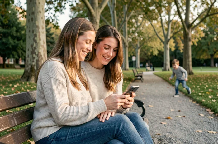 Deux cousines adultes assises sur un banc de parc regardant un téléphone ensemble avec un jeune enfant jouant en arrière-plan, évoquant les relations familiales entre cousines et leurs enfants