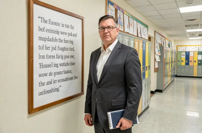 Directeur d'école devant un slogan éducatif encadré dans un couloir d'établissement scolaire