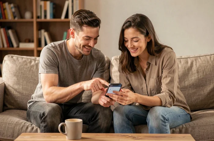 Deux personnes associant ensemble un smartphone Pixel à un compte Google dans un salon