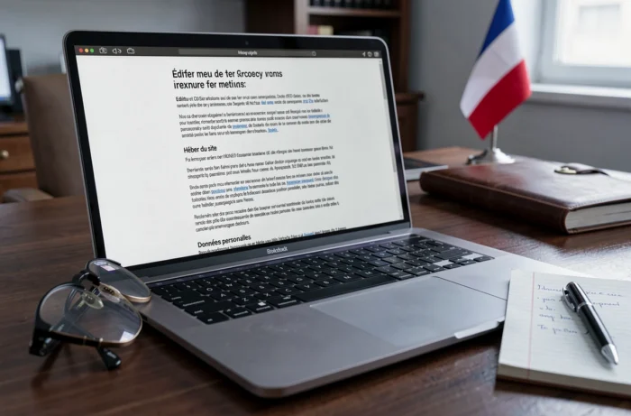 Écran d'ordinateur affichant les mentions légales obligatoires d'un site internet français avec notes manuscrites