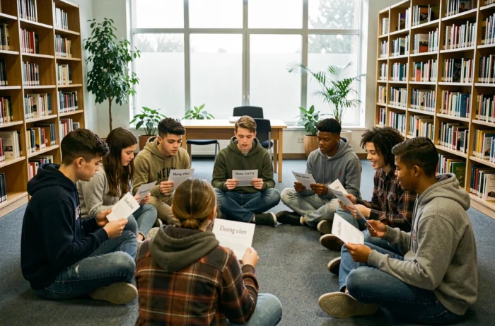 Groupe d'élèves adolescents discutant de slogans éducatifs dans une bibliothèque scolaire moderne