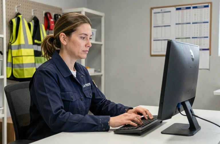 Employée La Poste en uniforme connectée à son espace habillement sur ordinateur de bureau au bureau de poste