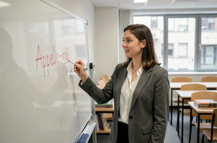 Enseignante pointant la phrase 'Appelle-moi' écrite au tableau blanc dans une salle de classe moderne