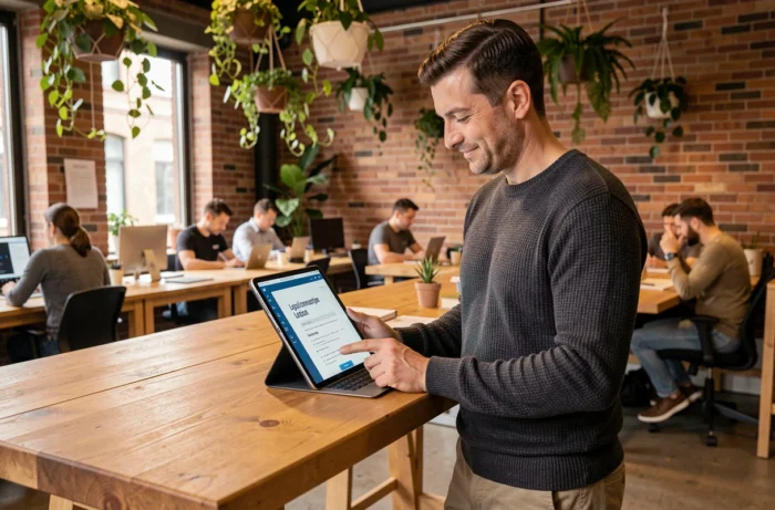 Entrepreneur consultant une annonce légale validée sur tablette dans un espace de coworking