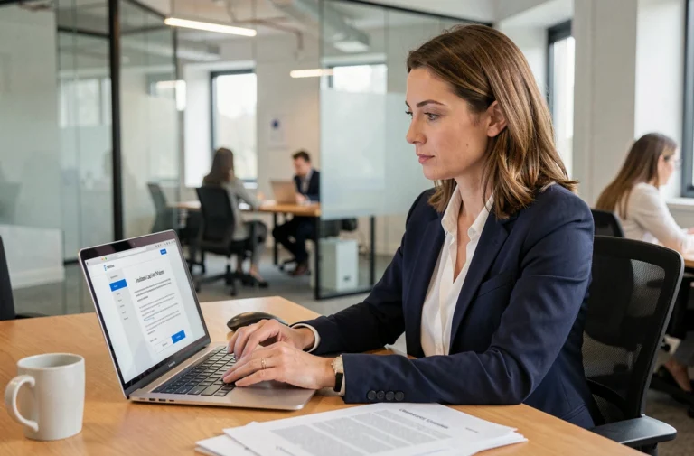 Entrepreneuse publiant une annonce légale en ligne depuis son bureau moderne