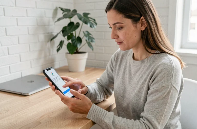 Femme associant un smartphone Android à un compte Google dans un bureau à domicile