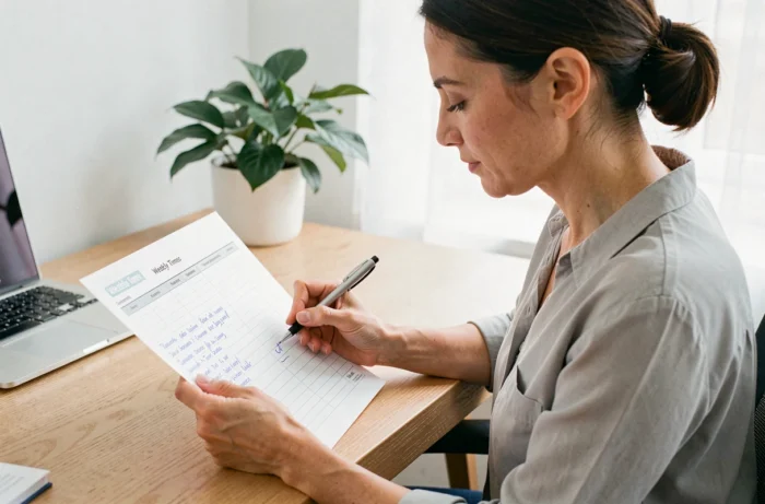 Femme calculant ses heures de travail sur une feuille de pointage à son bureau à domicile