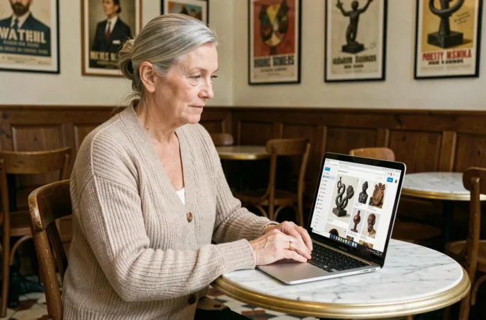 Femme âgée aux cheveux argentés découvrant des œuvres d'art uniques sur un site en ligne dans un café parisien