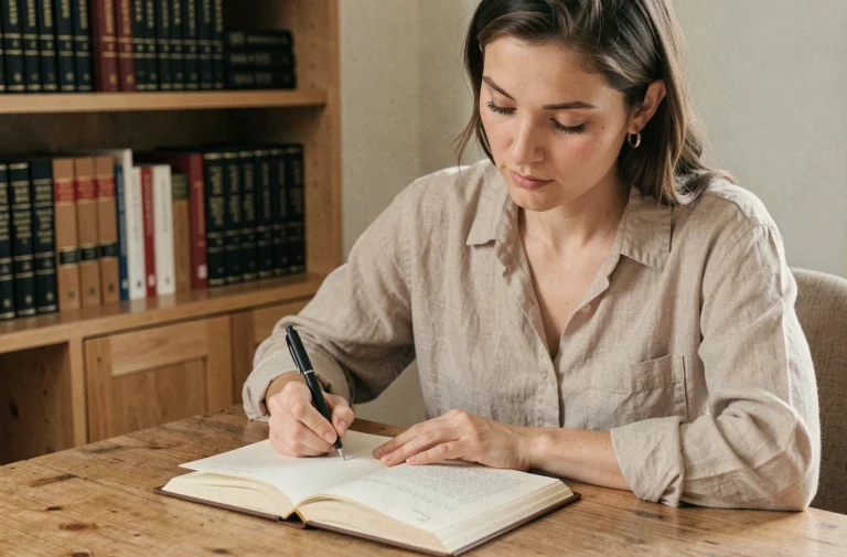 Femme écrivant soigneusement dans un carnet sur un bureau en bois, entourée de dictionnaires et livres de grammaire