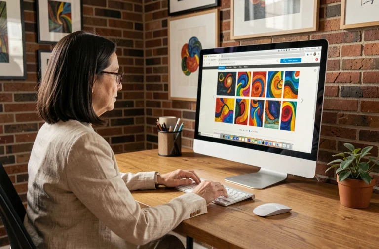Femme explorant un site d'art en ligne sur son ordinateur dans un bureau à domicile décoré d'œuvres encadrées