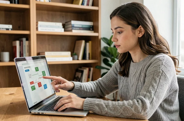 Jeune femme naviguant sur un site web depuis son bureau à domicile, étudiant l'arborescence d'une plateforme en ligne