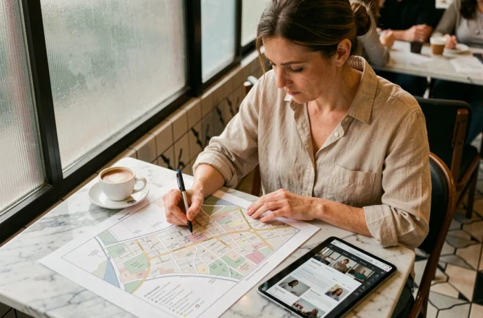 Femme annotant un plan d'arborescence de site web imprimé dans un café, comparant la structure de navigation avec son application en ligne
