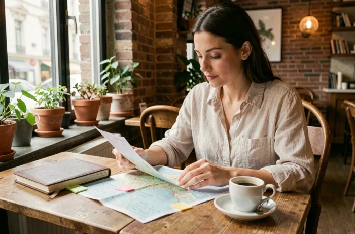 Femme consultant une carte de voyage et un journal de bord dans un café, préparant un voyage international