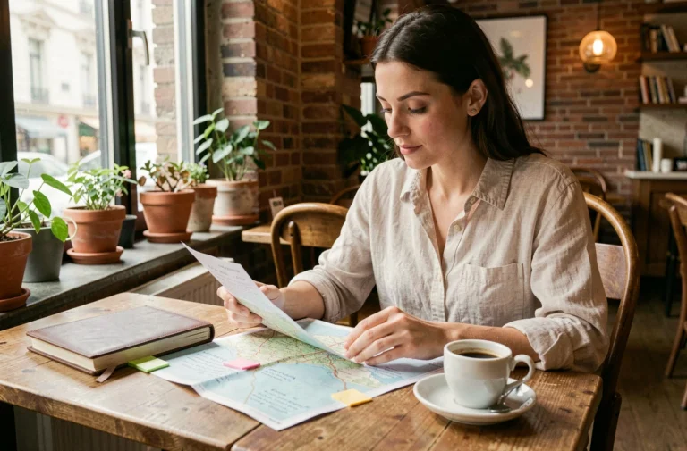 Femme consultant une carte de voyage et un journal de bord dans un café, préparant un voyage international