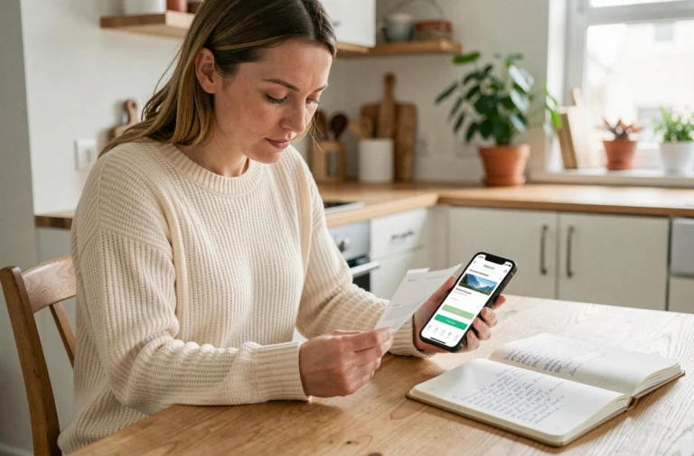 Femme planifiant un voyage avec son smartphone affichant un paiement en plusieurs fois, assise à une table en bois dans une cuisine moderne