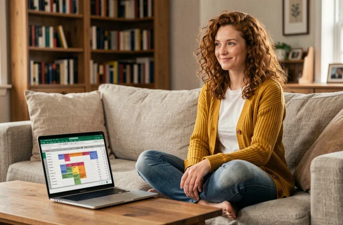 Jeune femme en télétravail calculant ses heures sur un tableau de bord Excel depuis son canapé