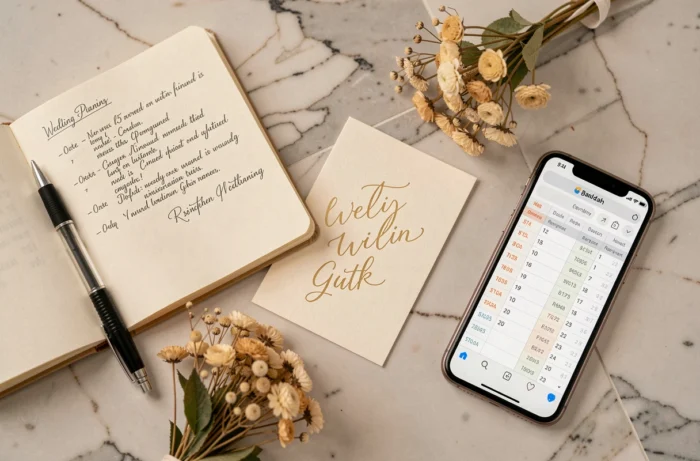 Flat lay de carnets de planification de mariage, invitations calligraphiées, fleurs séchées et smartphone sur marbre blanc.