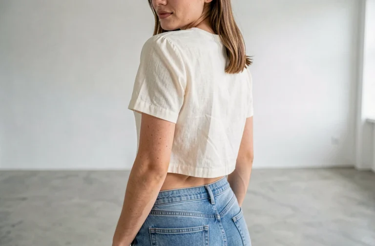 Fossettes de Vénus naturelles dans le bas du dos d'une jeune femme, vue de dos en studio minimaliste
