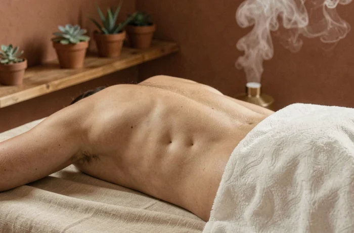 Gros plan sur les fossettes de Vénus dans le bas du dos d'une femme allongée sur une table de massage dans un spa