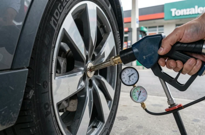 Gonflage et vérification de la pression d'un pneu de Peugeot 2008 à la station-service avec une pompe professionnelle