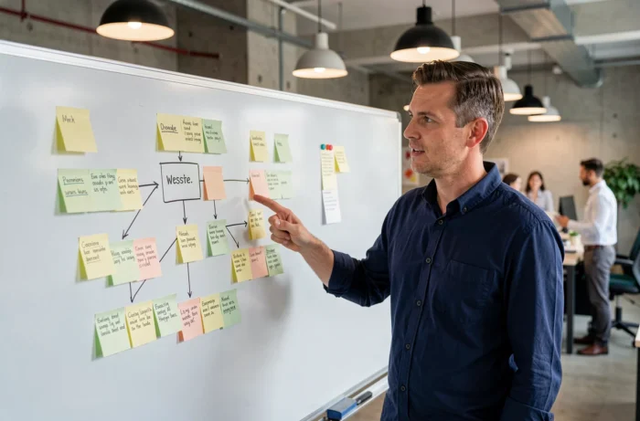 Homme présentant une arborescence de site web sur un tableau blanc dans un bureau moderne, expliquant la structure de navigation d'une plateforme