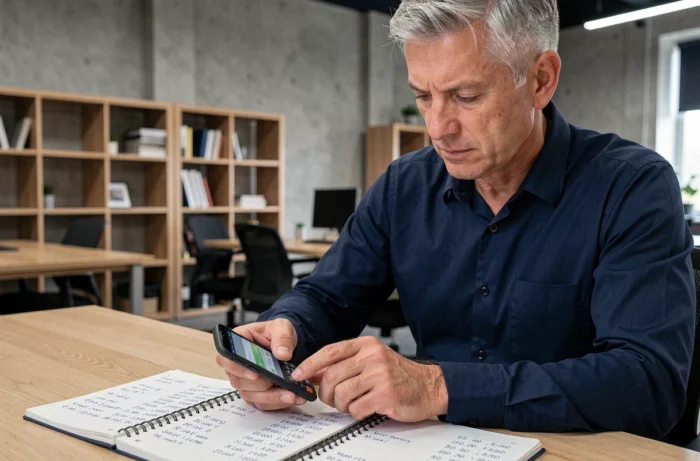 Homme utilisant une calculatrice et un carnet pour comptabiliser ses heures de travail en open space