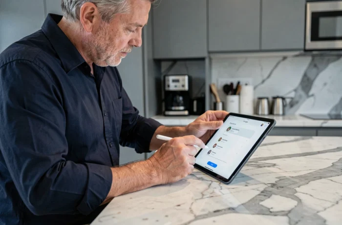 Homme configurant un compte Google sur une tablette dans une cuisine moderne