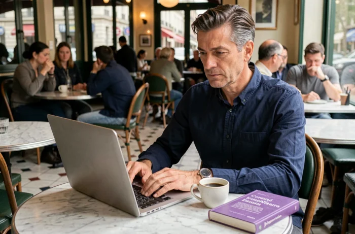 Homme consultant un livre de grammaire française dans un café parisien tout en travaillant sur son ordinateur portable