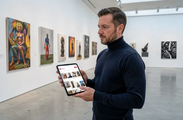 Homme consultant un site d'art sur tablette dans une galerie contemporaine aux murs blancs