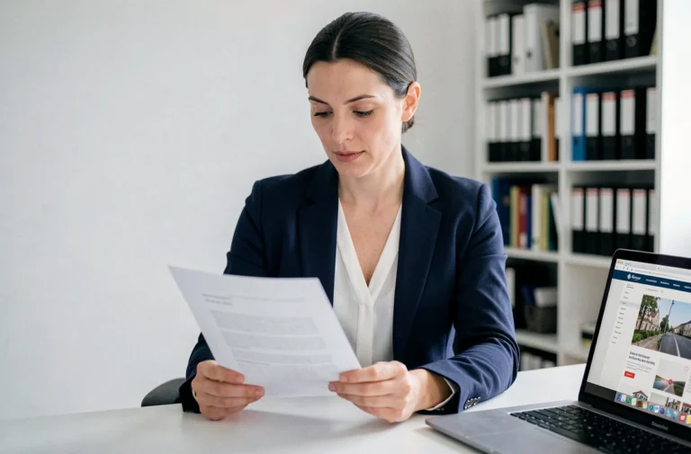 Femme juriste en bureau examinant les mentions légales d'un site internet en France