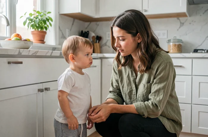 Mère patiente accroupie face à son enfant de 2 ans dans une cuisine moderne pour gérer un comportement difficile