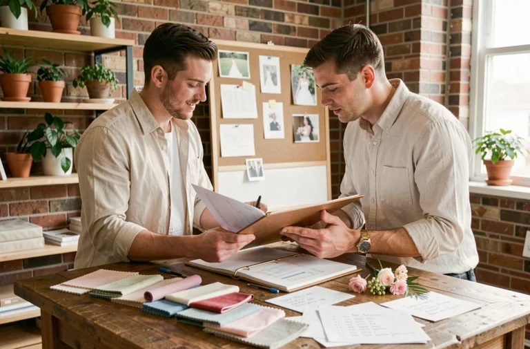 Couple de mariés consultant un cahier de planification de mariage avec des échantillons de tissus et de fleurs dans un studio de wedding planner.