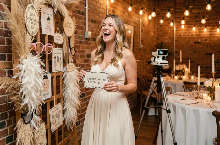 Demoiselle d'honneur souriante devant un photobooth décoré de pampa et de props originaux lors d'une réception de mariage