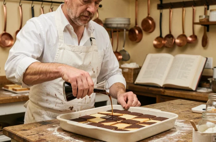 Pâtissier versant du rhum sur des biscuits savoiardi pour préparer un tiramisu maison dans une cuisine artisanale