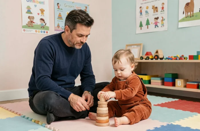 Psychologue pédiatrique observant un enfant de 2 ans jouer dans un cabinet de thérapie adapté aux tout-petits