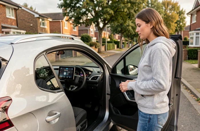 Femme réinitialisant le système de surveillance de pression des pneus sur l'écran de bord d'une Peugeot 2008