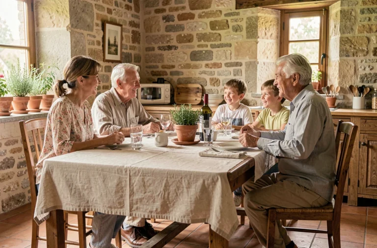 Réunion de famille multigénérationnelle autour d'une table en bois dans une cuisine rustique française, illustrant les liens de parenté entre cousins et neveux